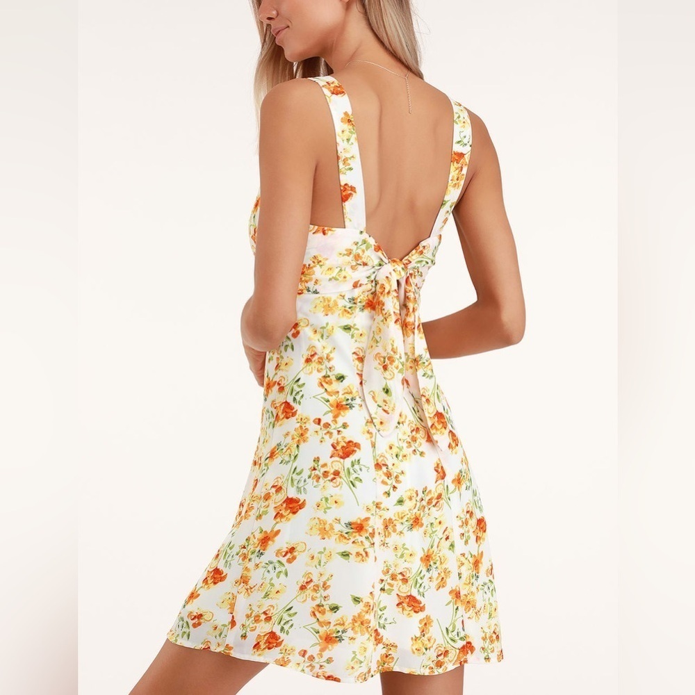 Lulus Day Date White and Orange Floral Print Tie-Back Dress - Picture 2 of 9